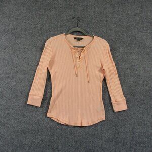 Ralph Lauren Top Womens XS Orange Pink Rib Knit Corset Lace Up Henley Preppy LRL